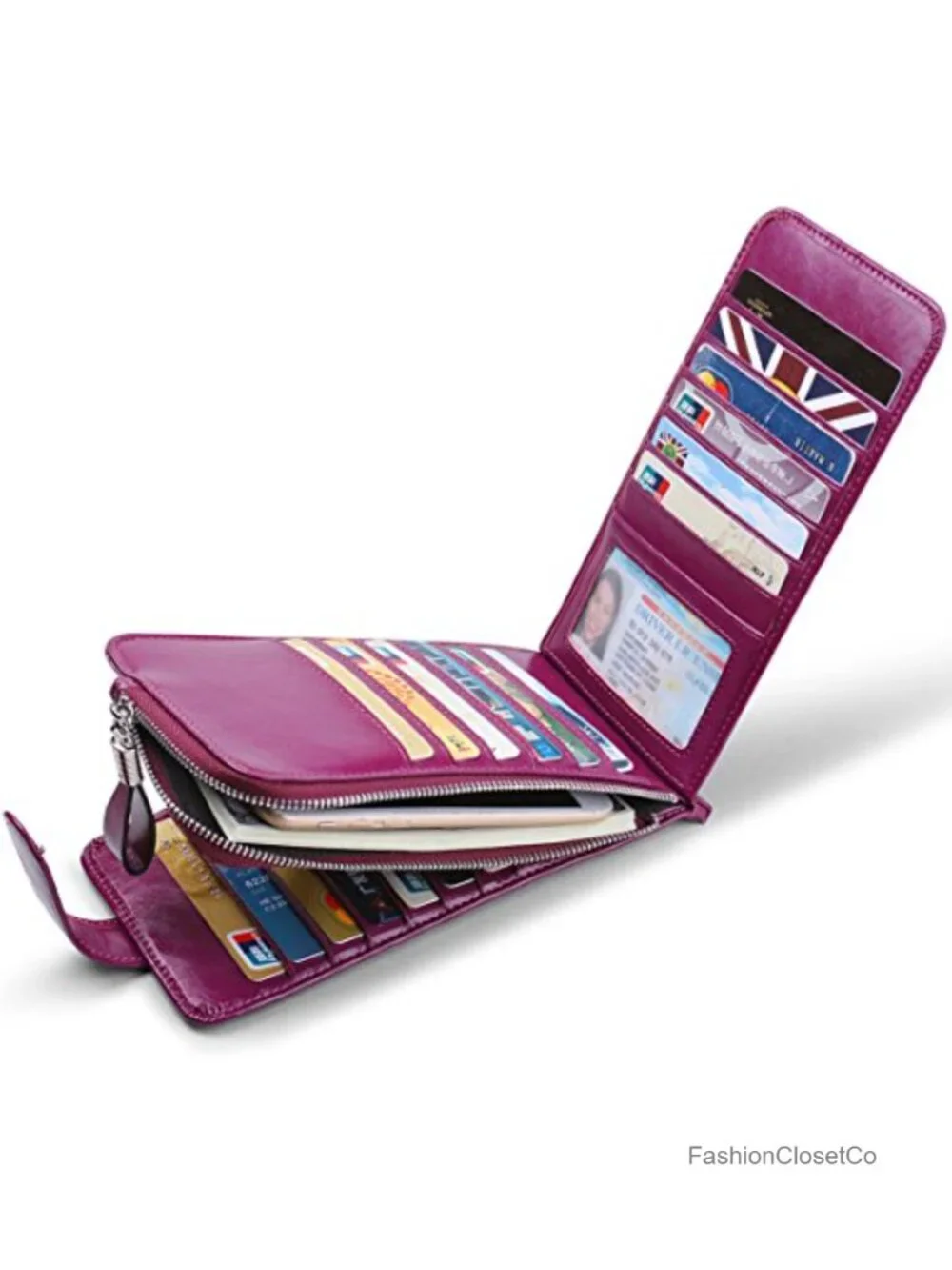 Large RFID Bifold Wallet with 25 Card Slots and Zipper Pocket